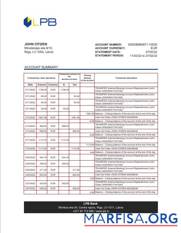 Printable Latvia LPB bank statement excel.1 download for verification